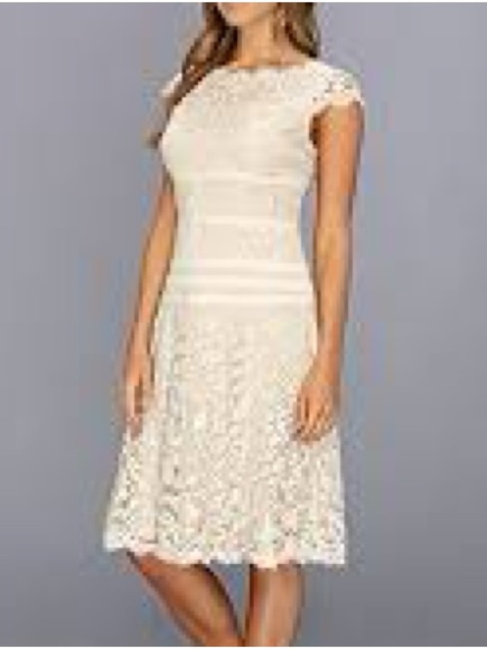 Adrianna Papell Dress Taupe Floral Lace Sheer Lined Fringe Evening Party Sz 14